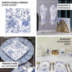 20-Pack Paper Cocktail Napkins with French Toile Print White/Blue - Disposable 2 Ply Beverage Napkins for Events 6.5"x6.5"