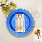 25-Pack Disposable Round Charger Plates in Royal Blue Sunray Design with Gold Rim - 350GSM Heavy Duty Paper Chargers 13"