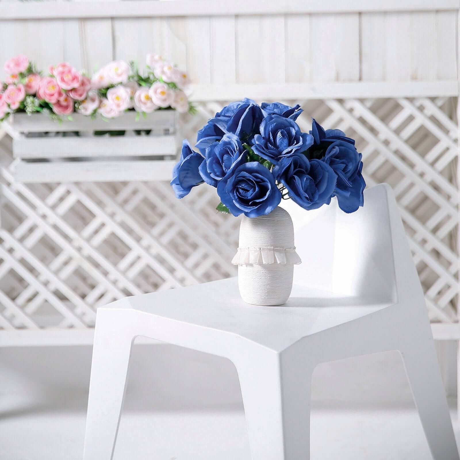12" Royal Blue Artificial Velvet-Like Fabric Rose Flower Bouquet Bush