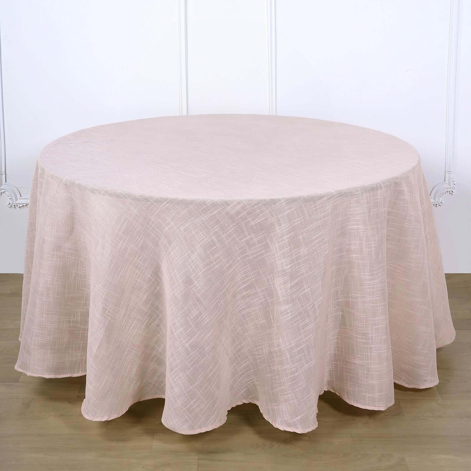 Faux Linen 120" Round Tablecloth Blush - Slubby Texture Wrinkle-Resistant Seamless Table Cover