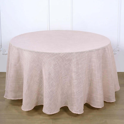 Faux Linen 120" Round Tablecloth Blush - Slubby Texture Wrinkle-Resistant Seamless Table Cover
