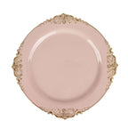 10-Pack Plastic 10" Round Dinner Plates in Blush with Gold Leaf Embossed Rim - Disposable Vintage Baroque Style Plates