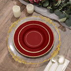 25-Pack Paper 8" Round Dessert Plates in Burgundy Sunray Design with Gold Rim - Disposable Heavy Duty 350GSM Appetizer Salad Plates
