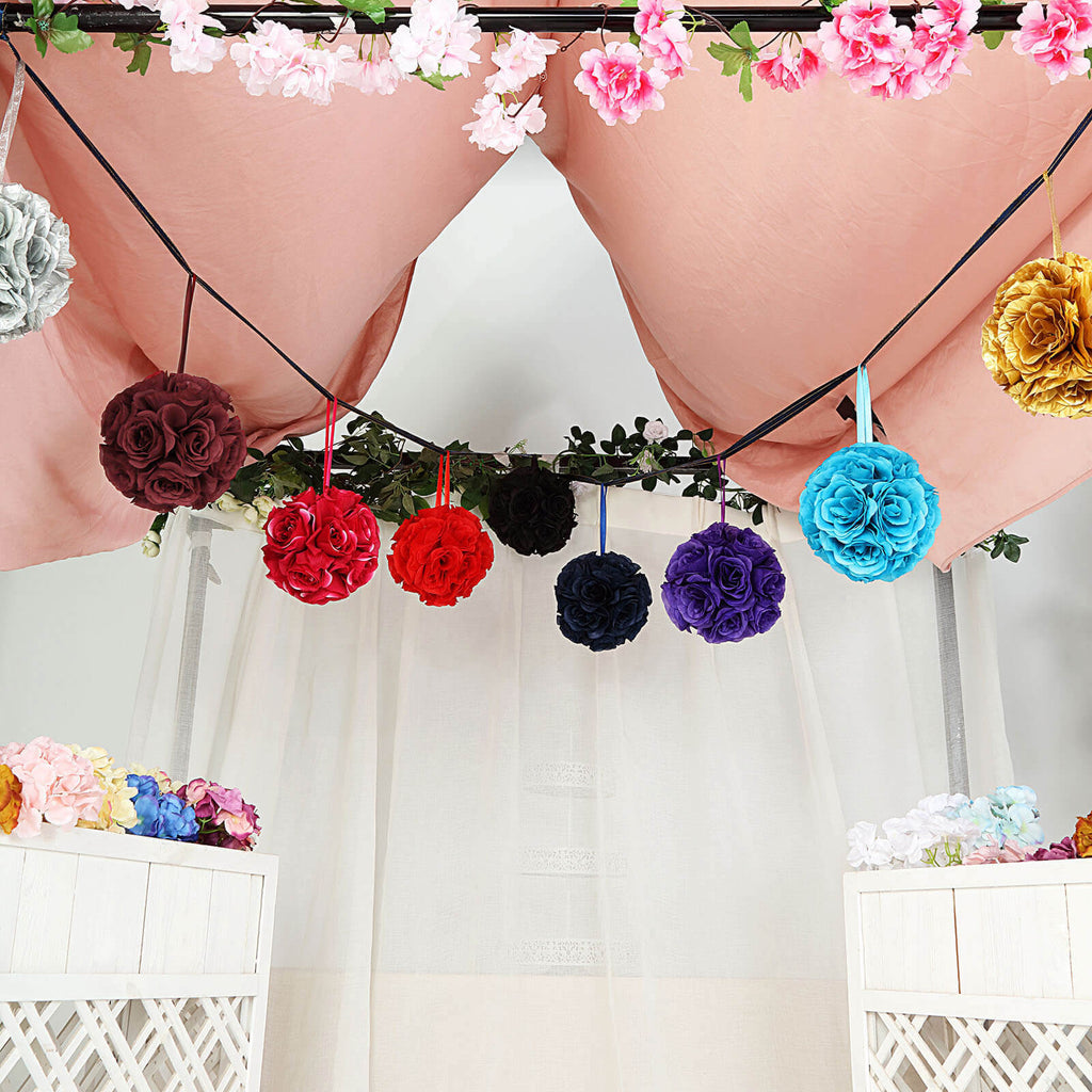 2 Pack 7" Burgundy Artificial Silk Rose Kissing Ball, Flower Ball