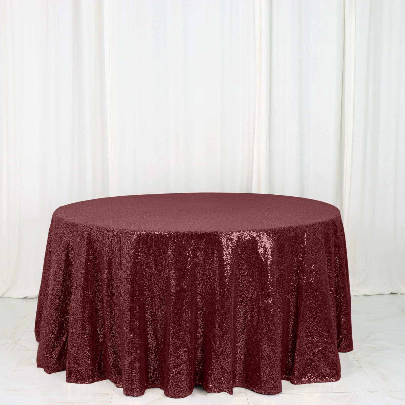 Sequin 120" Round Tablecloth Burgundy - Seamless Glittering Table Cover