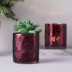 6-Pack Mercury Glass Candle Holders Burgundy Palm Leaf Design - Votive Tealight Holders for Events