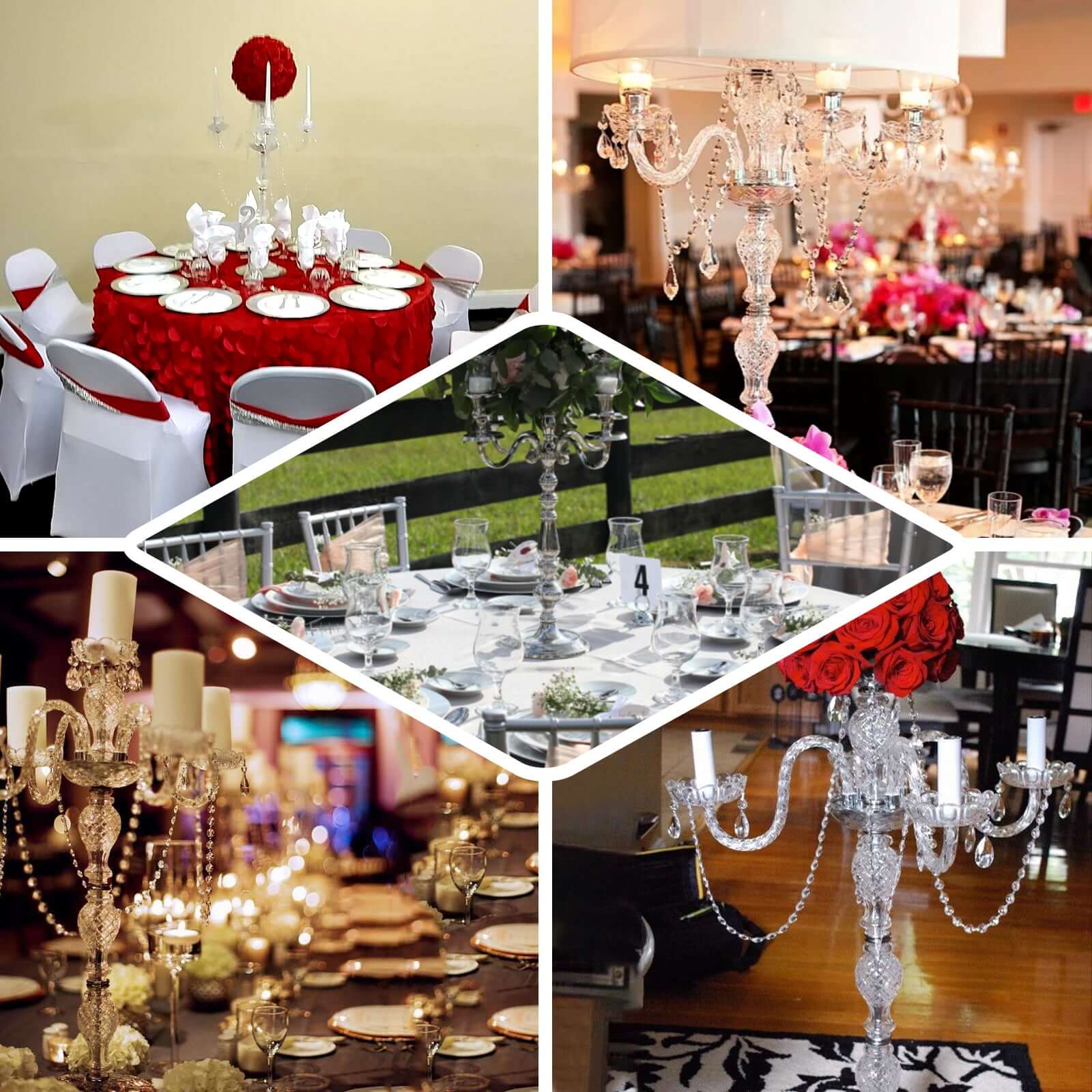 4-Arm Crystal Chandelier Candelabra Silver Metal - Sophisticated Taper Candlestick Holder Table Centerpiece 35"