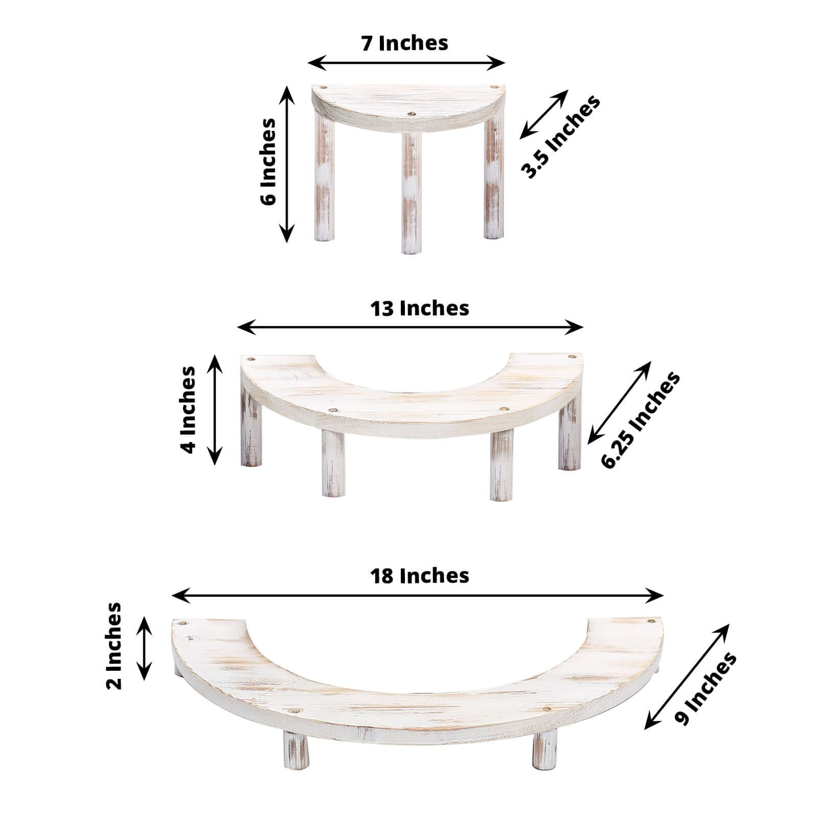 Set of 3 Wooden Dessert Pedestals Rustic Whitewashed 3-Tier Semicircle Design - Half Moon Cupcake Display Risers 7", 13", 18"