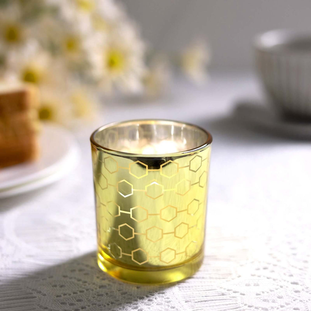 6-Pack Mercury Glass Candle Holders Gold with Honeycomb Design - Votive Candle Containers 3"