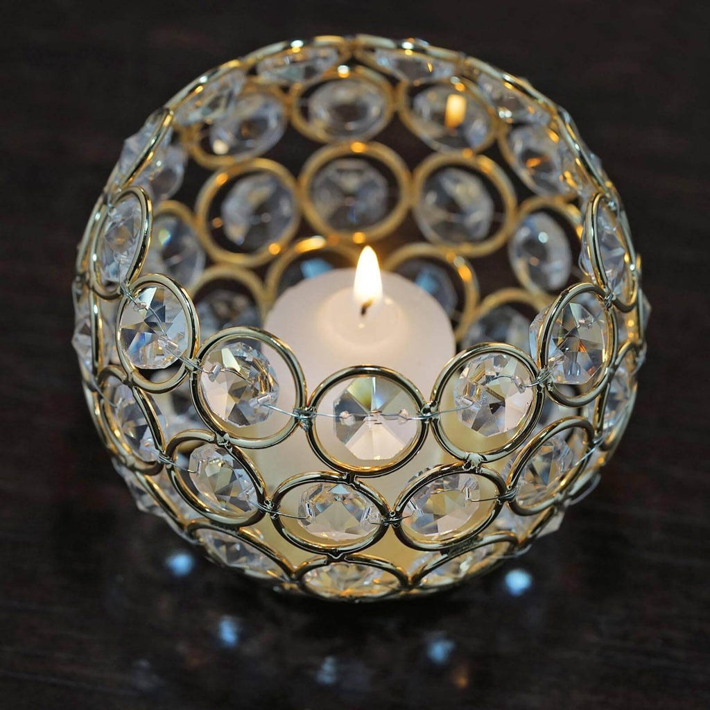 Crystal Beaded Metal Votive Tealight Holder Round Gold - Chic Multipurpose Table Vase for Events 4"