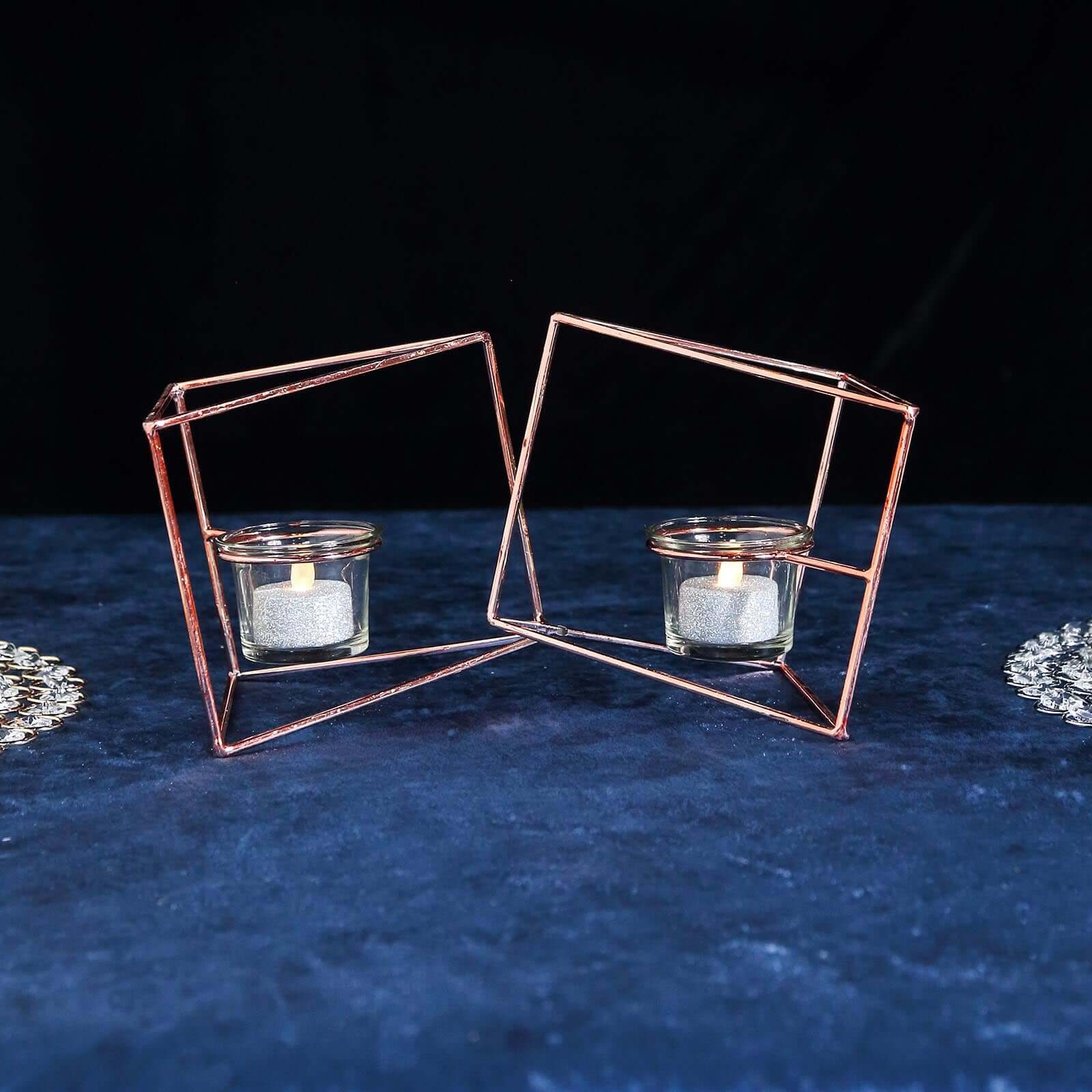 Set of Metal Candle Holders Linked Geometric Design Rose Gold - Chic Votive Glass Decor for Events & Gatherings 9"