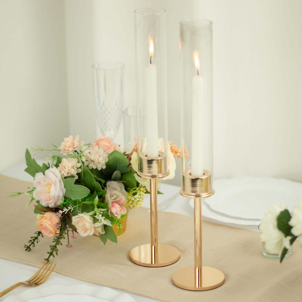 2-Pack Gold Metal Taper Candlestick Holders, Clear Glass Hurricane Candle Stands With Chimney Candle Shades 16"