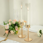 2-Pack Gold Metal Taper Candlestick Holders, Clear Glass Hurricane Candle Stands With Chimney Candle Shades 16"