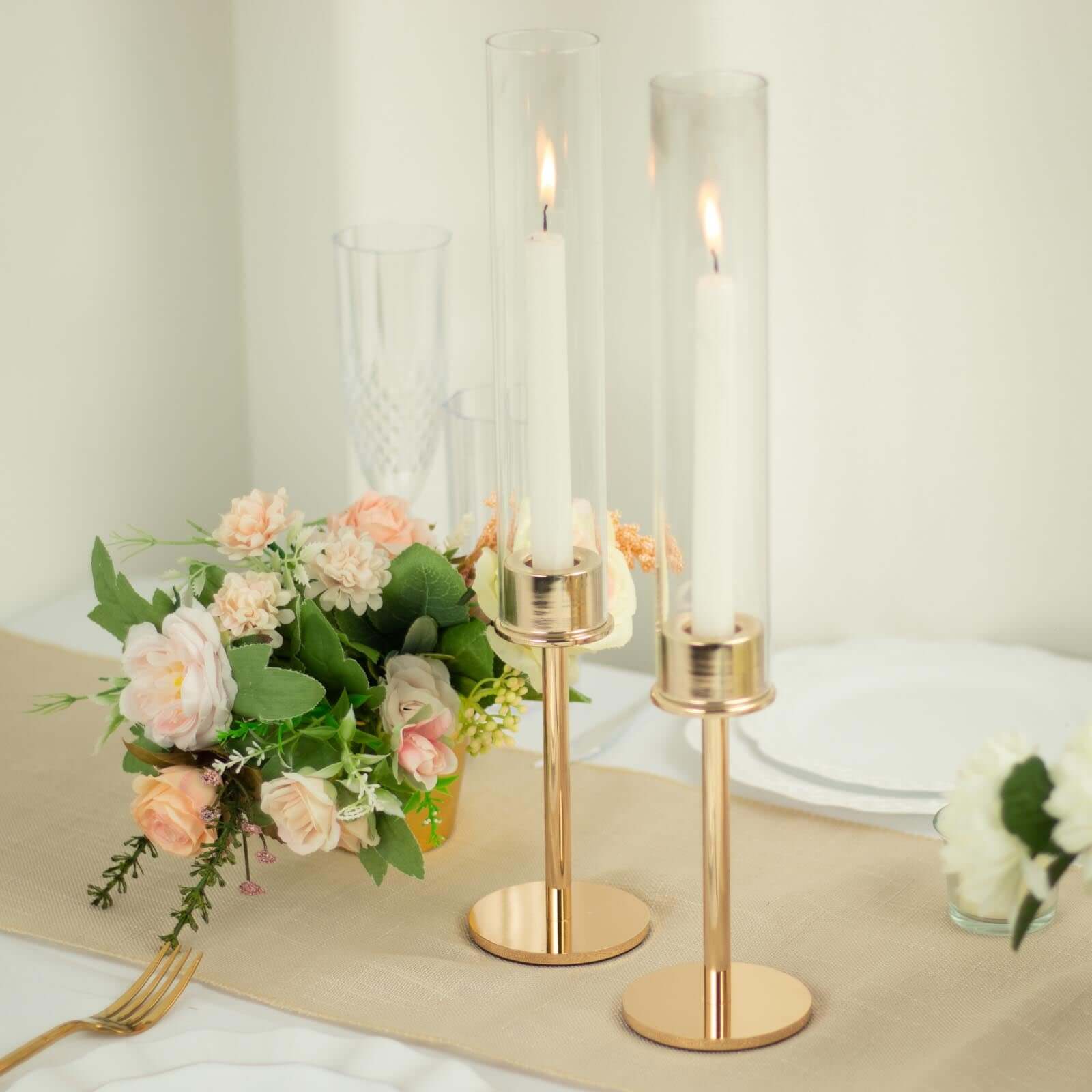 2-Pack Gold Metal Taper Candlestick Holders, Clear Glass Hurricane Candle Stands With Chimney Candle Shades 16"