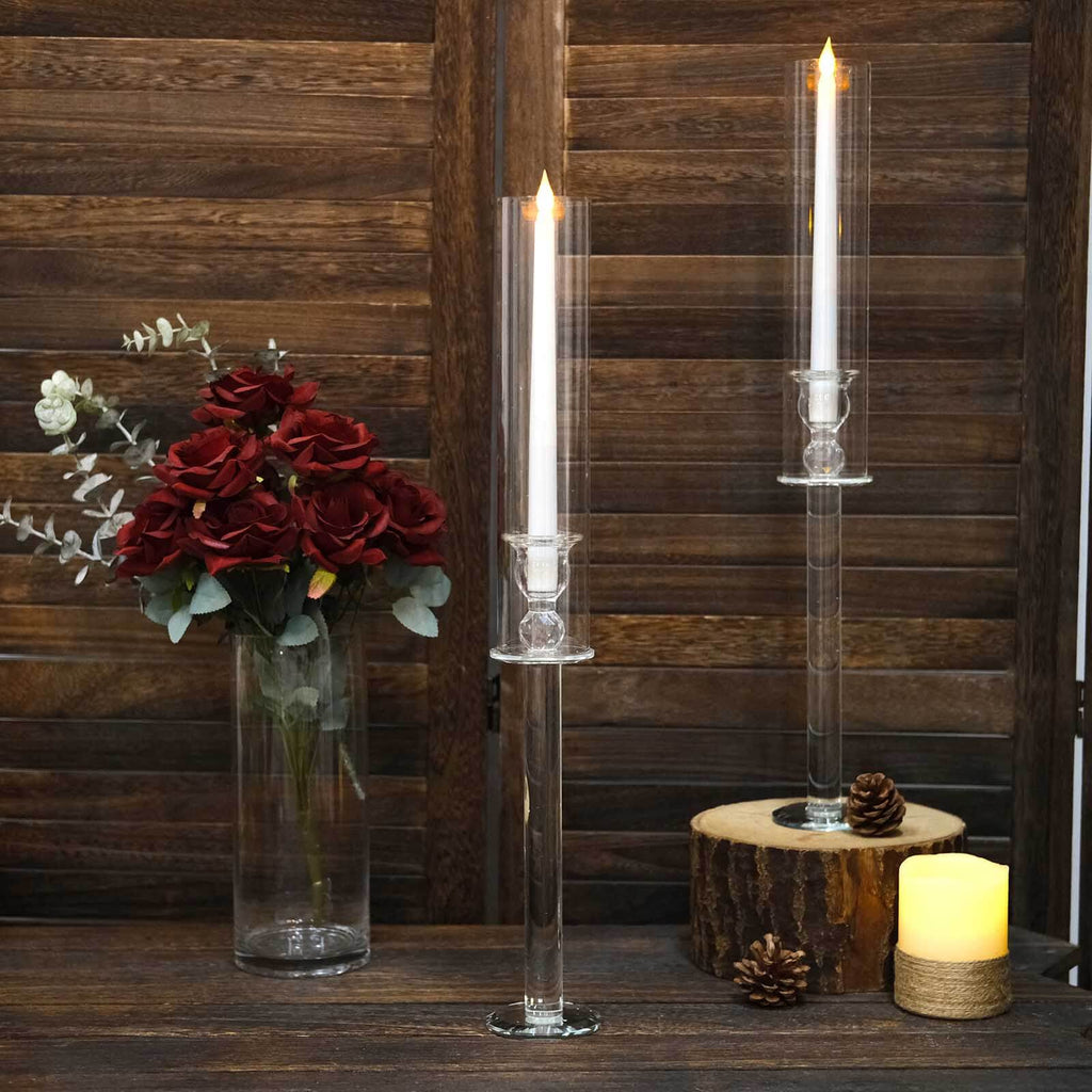 2-Pack Crystal Glass Hurricane Taper Candle Holders, Tall Decorative Candle Stands Clear Cylinder Chimney Tubes 22"