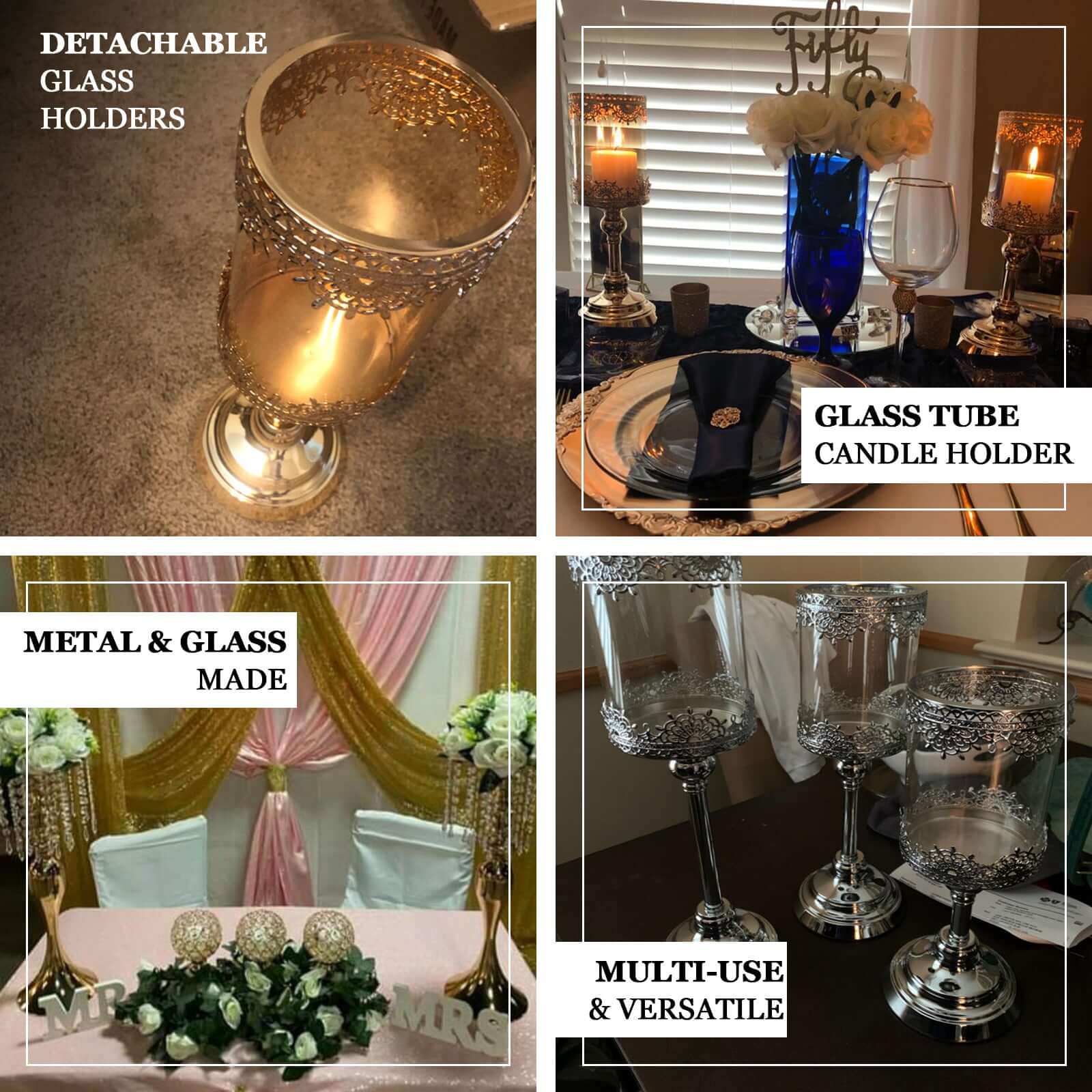 Set of 3 Lace Votive Candle Stands Antique Gold with Hurricane Glass Shades - Refined Pillar Candle Holders 13", 15", 17"