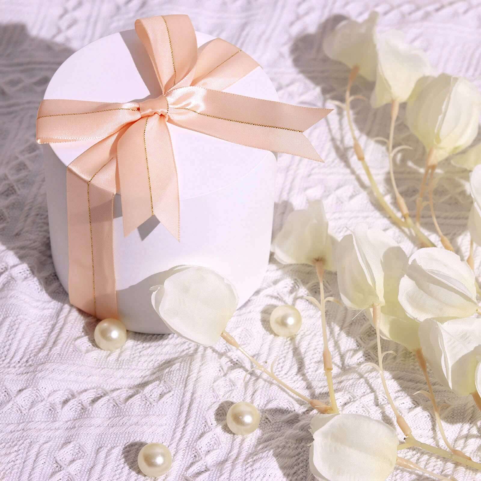 50 PCs 10" Blush Pre Tied Ribbon Bows, Satin Ribbon With Gold Foil Lining For Gift Basket and Party Favors Decor