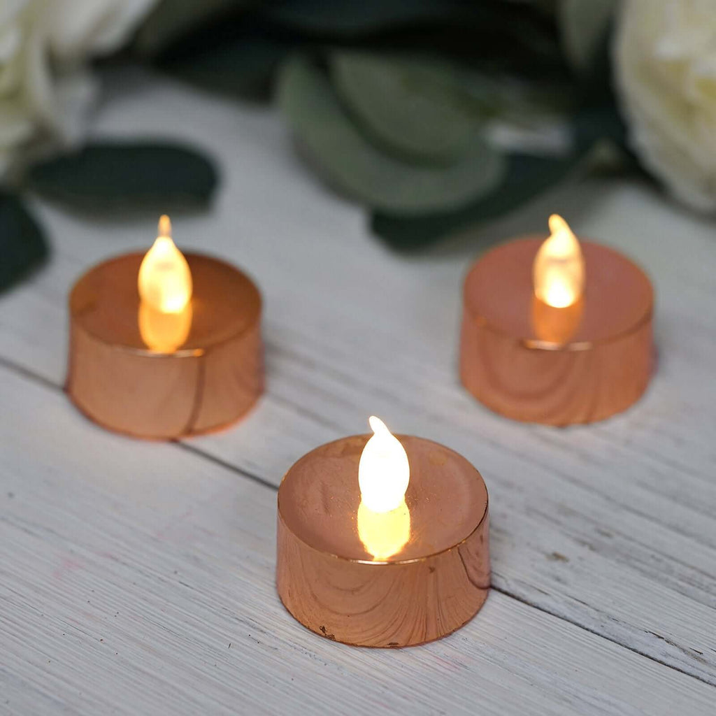 12-Pack LED Tealight Candles Rose Gold Metallic Design - Reusable Flameless Battery Operated Lights