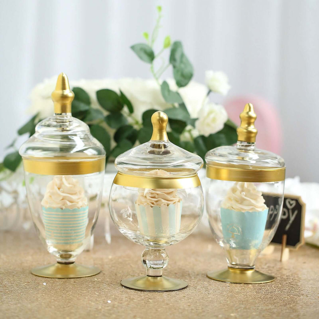 Set of 3 Glass Jars Apothecary Design Clear with Gold Trim and Snap-On Lids - Stylish Decorative Candy Buffet Storage 8.5", 9", 10"