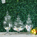 Set of 3 Glass Candy Jars Pedestal Apothecary Design Clear with Snap-On Lids - Stylish Party Favor Containers 10"/12"/14"