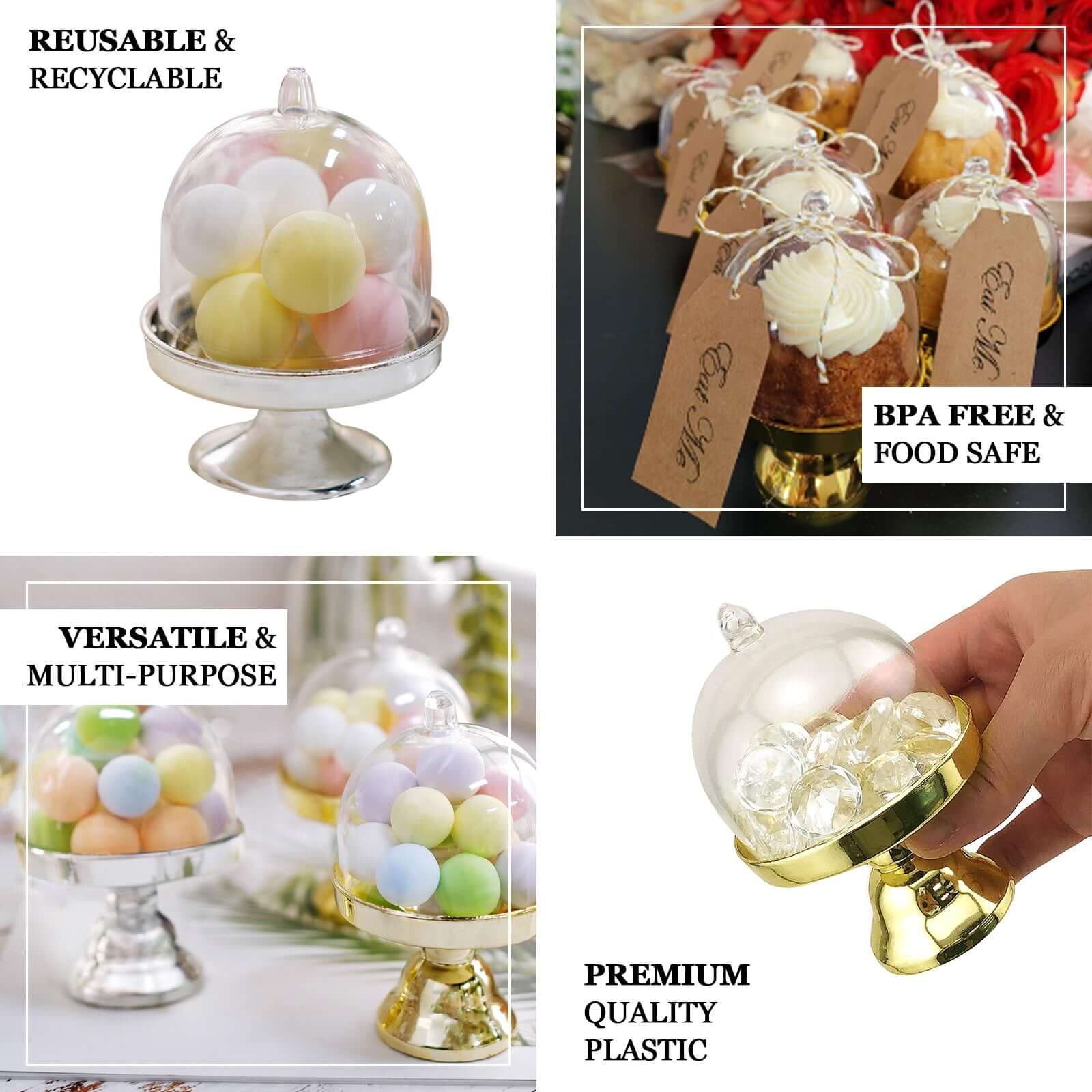 12-Pack Fillable Mini Pedestal Candy Container Clear/Silver - Decorative Candy Treat Favor Boxes with Dome Lid 4"