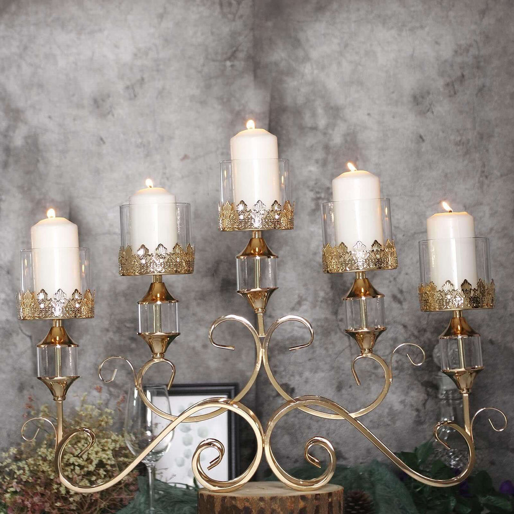 5-Arm Metal Table Candelabra Antique Gold Crown Top Design - Stylish Horizontal Table Centerpiece with Glass Votive Holders 18"