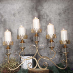 5-Arm Metal Table Candelabra Antique Gold Crown Top Design - Stylish Horizontal Table Centerpiece with Glass Votive Holders 18"