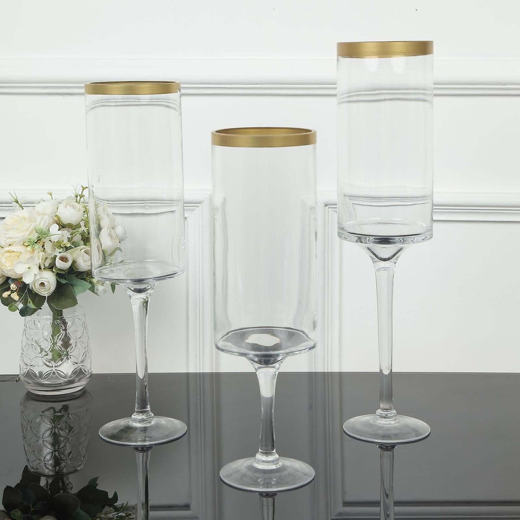 Set of 3 Glass Hurricane Candle Holders Long Stem Clear with Gold Rim - Decorative Pedestal Floral Centerpieces 16", 18", 20"