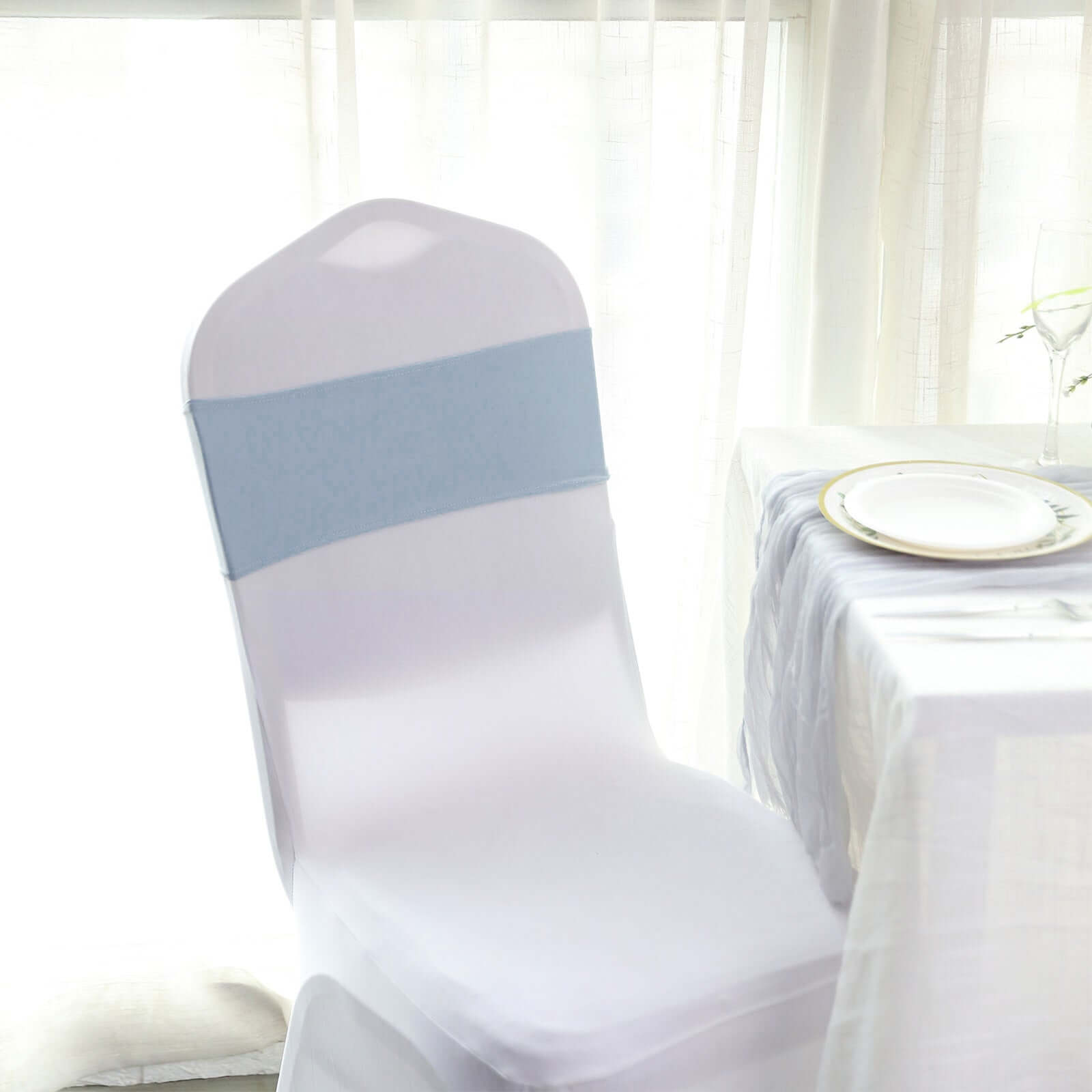 5 Pack Stretch Spandex Chair Sashes Dusty Blue - Reusable Chair Bands with Silver Diamond Ring Slide Buckle 5"x14"