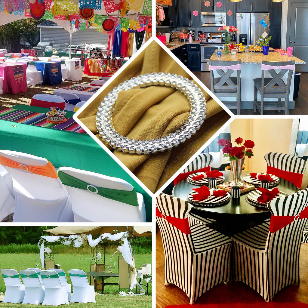 5 Pack Stretch Spandex Chair Sashes White - Classy Reusable Chair Bands with Silver Diamond Ring Slide Buckle 5"x14"