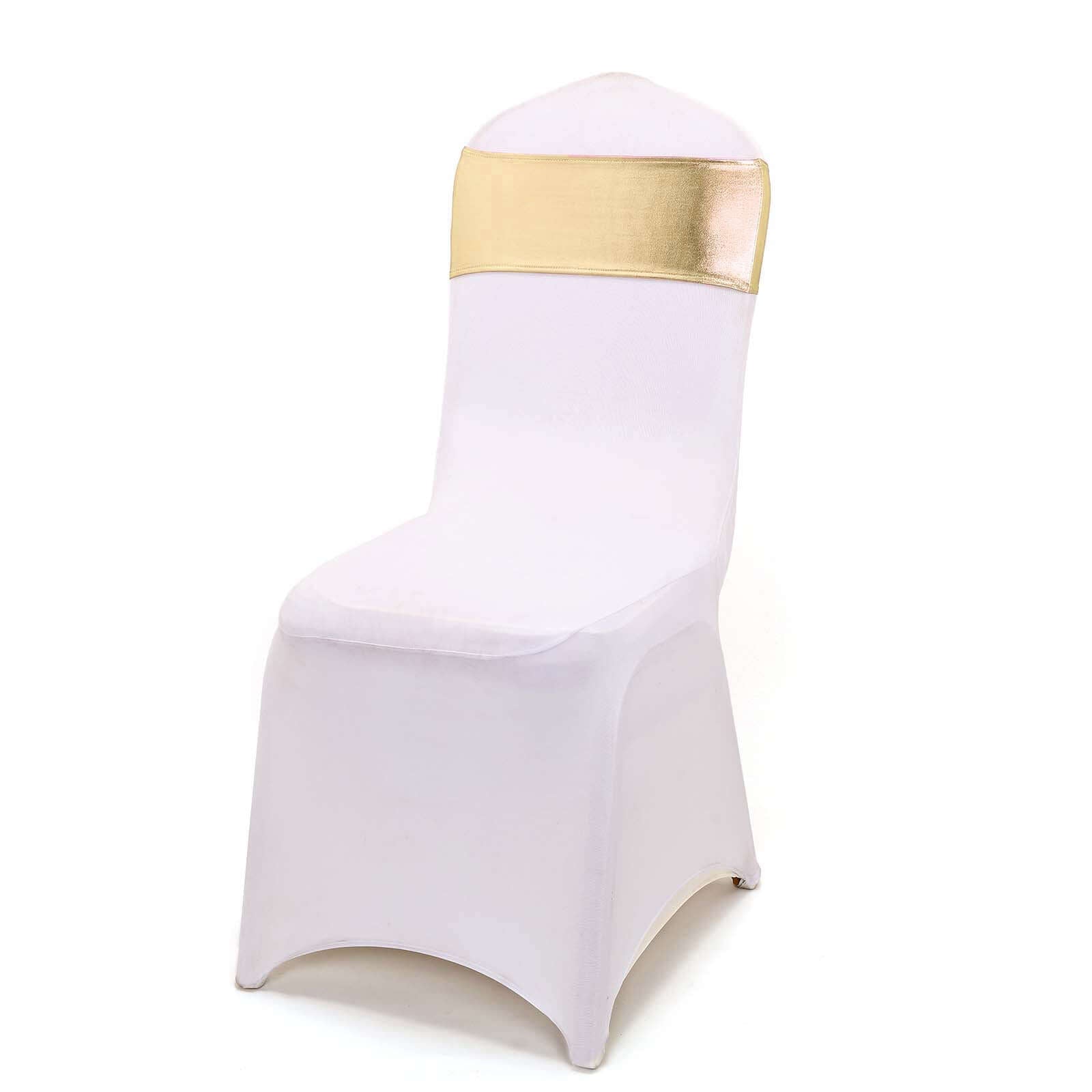 5 Pack Metallic Spandex Chair Sashes Champagne - Stretch Fit Chair Bands With Round Diamond Buckles