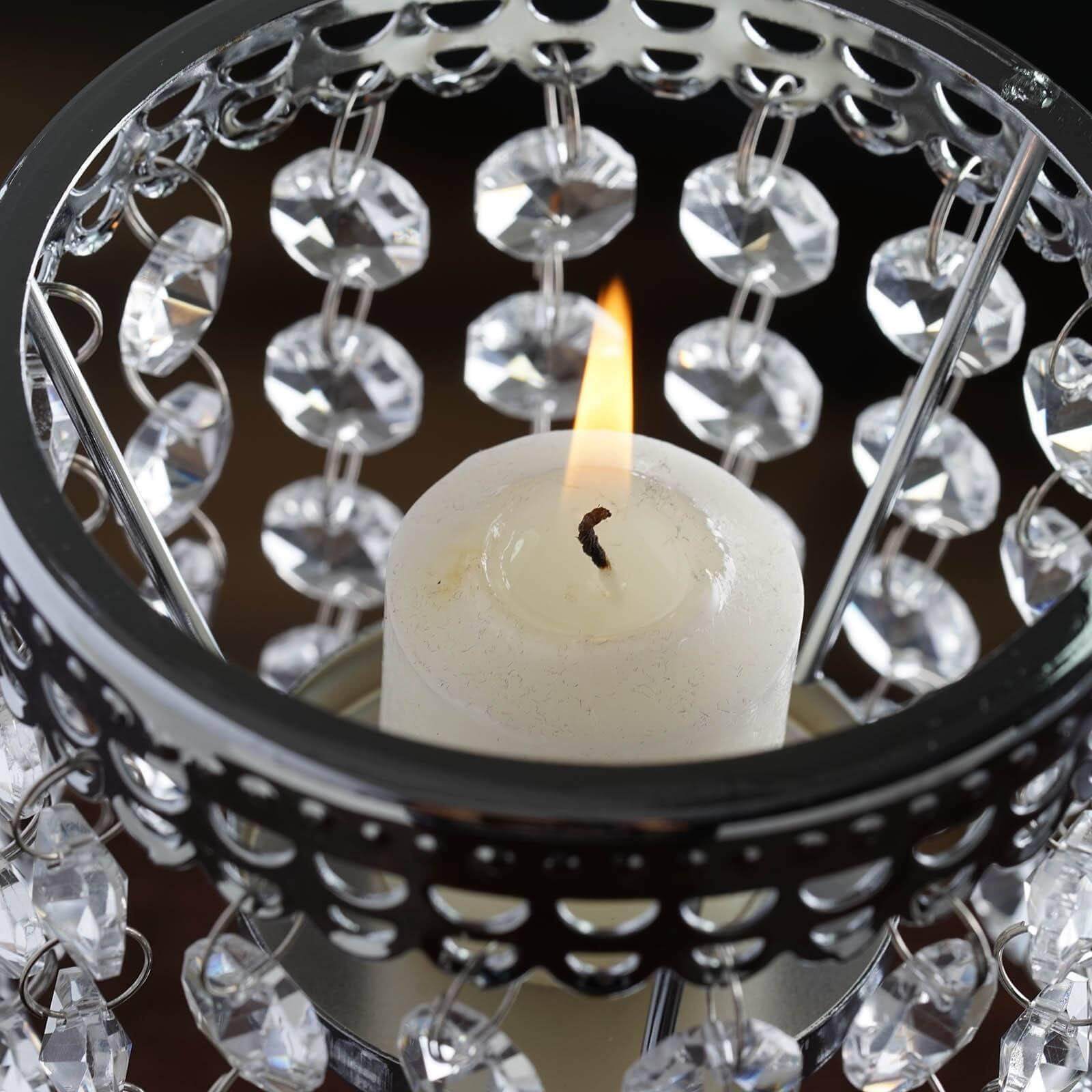 Crystal Beaded Chandelier Metal Candle Holder Silver - Stylish Tealight Stand for Decor 8"