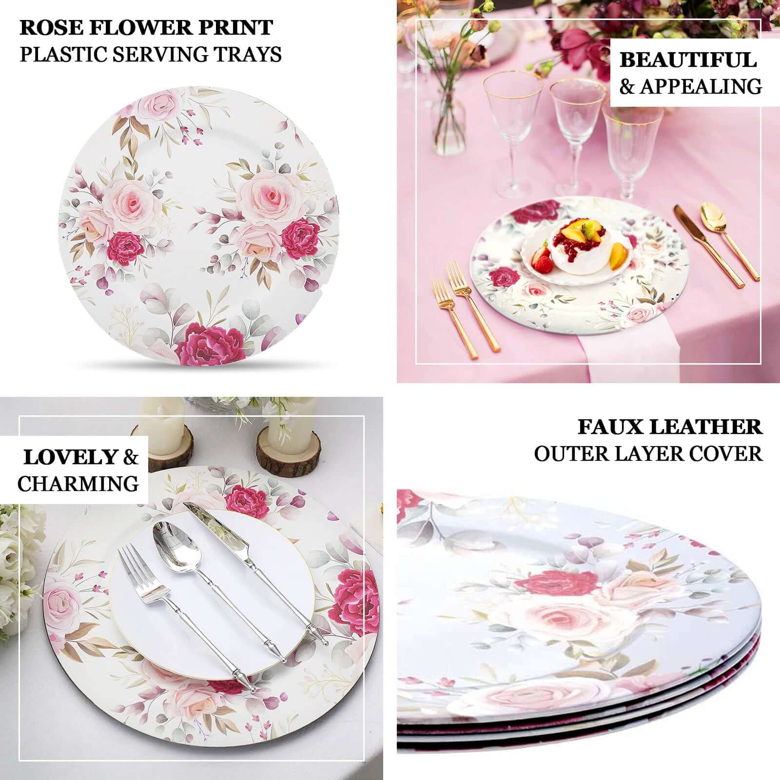 6-Pack Plastic Round Charger Plates 13" in White with Assorted Rose Floral Print, Decorative Dinner Party Charger Tableware