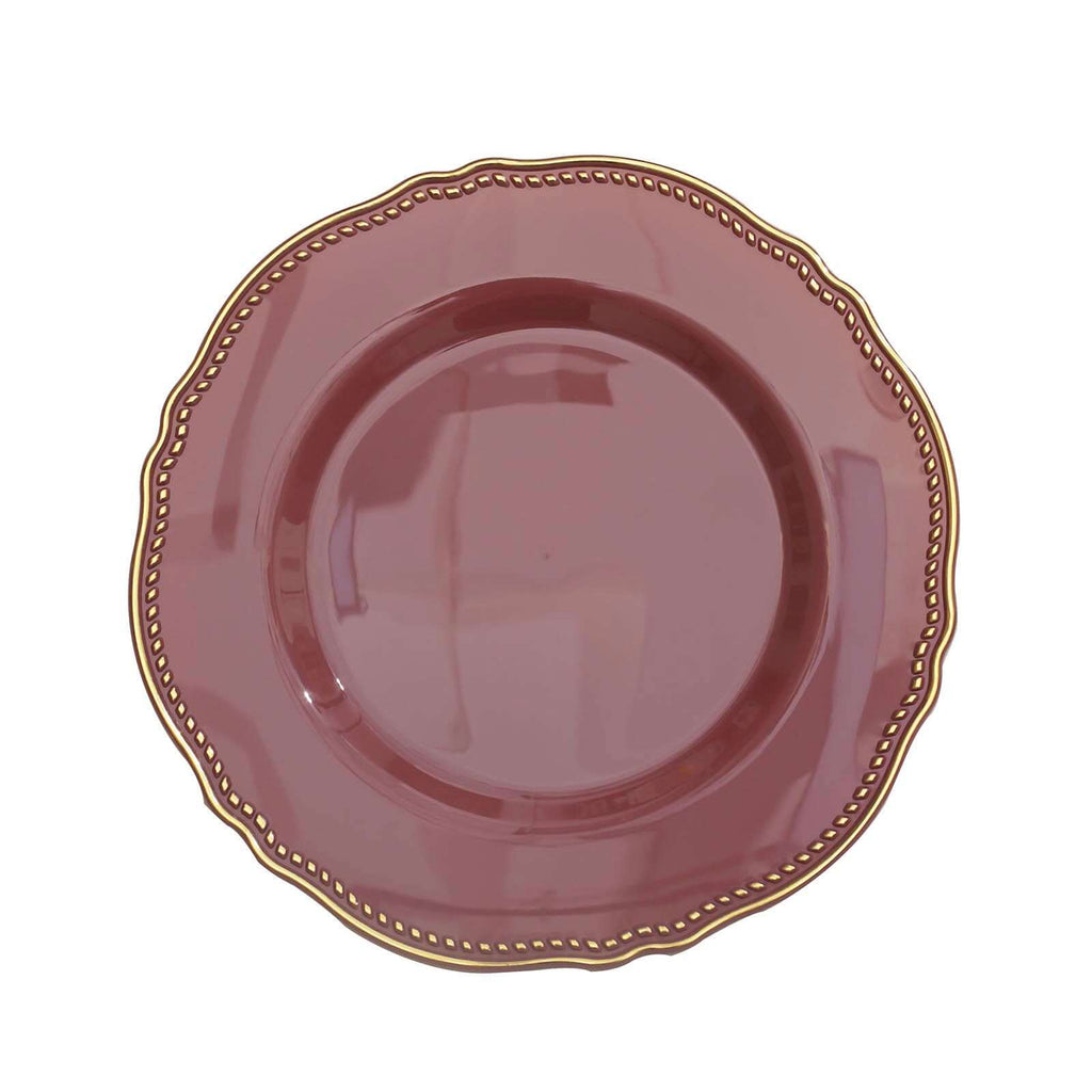 10-Pack Plastic Dinner Plates in Cinnamon Rose with Gold Scalloped Rim - Disposable Party Plates 9"