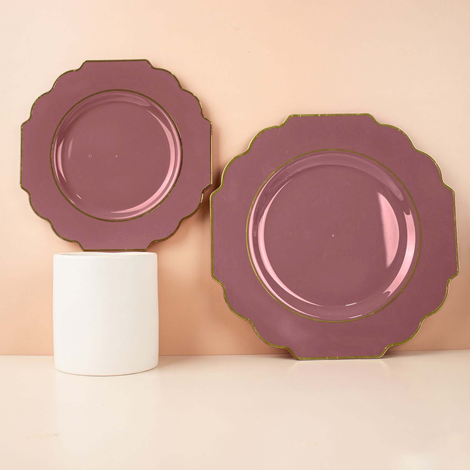 10-Pack Plastic Dessert Appetizer Plates in Cinnamon Rose Baroque Design with Scalloped Gold Rim - Heavy Duty Disposable Salad Plates 8"