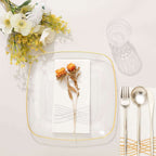 10-Pack Plastic 10" Square Dinner Plates in Clear with Gold Rim - Classy Disposable Lunch Party Plates