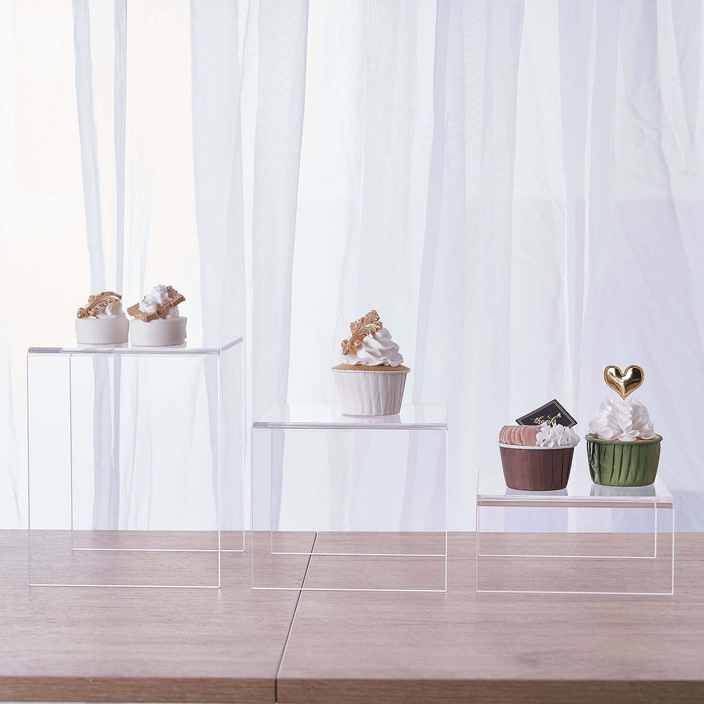 Set of 4 Acrylic Cake Stands Riser Design Clear - Dessert and Cupcake Display Centerpieces Assorted Sizes