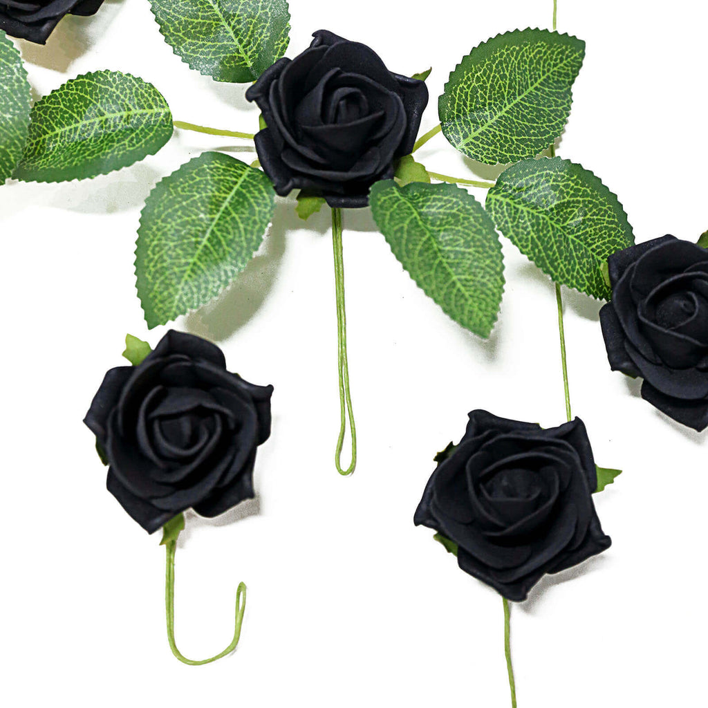 24 Roses 2" Black Artificial Foam Flowers With Stem Wire and Leaves
