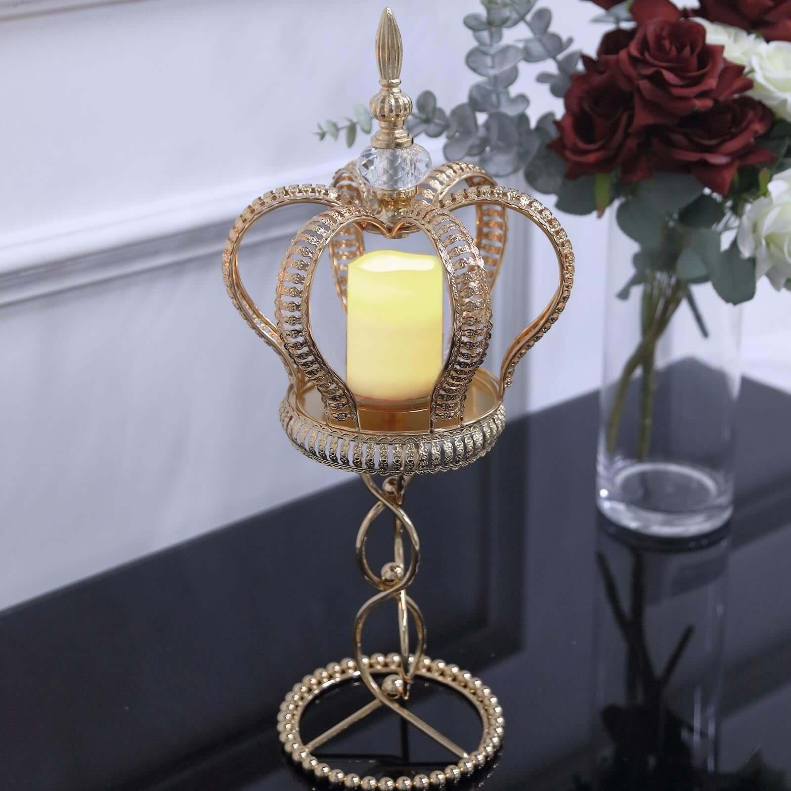 Metal Crown Spiral Pillar Candle Holder Stand Gold - Jeweled Votive Candle Centerpiece 18"