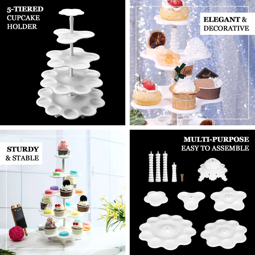5-Tier Plastic Cupcake Holder Stand White - Dessert Tower with Scalloped Edge Design Versatile Display for Sweet Treats 18"