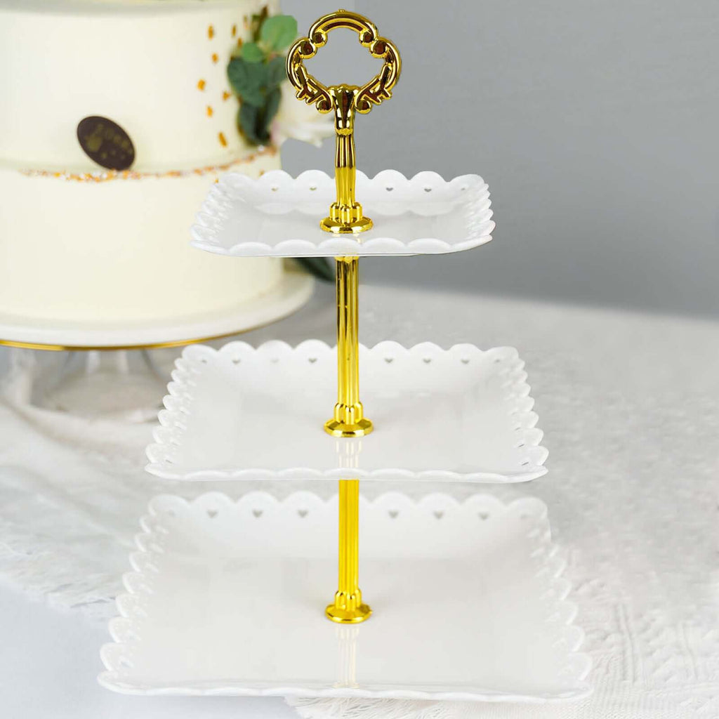 3-Tier Plastic Square Cupcake Stand Tower White - Charming Disposable Dessert Display Serving Tray Platter with Heart Wavy Edge & Gold Top Handle for Tea Parties Weddings & Special Occasions 13"