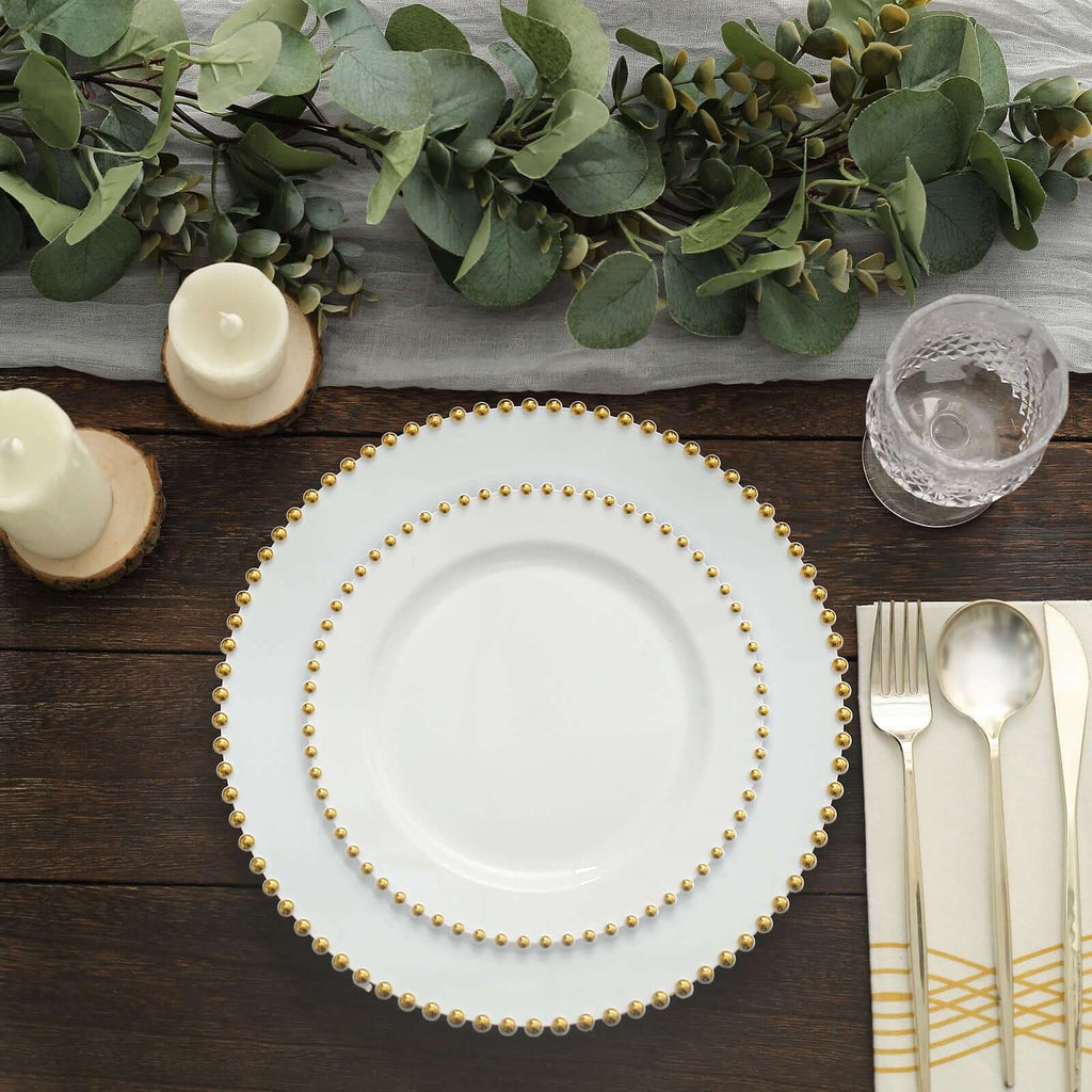 10-Pack White Plastic Dessert Plates â€“ 8" Round with Gold Beaded Rim, Disposable for Parties & Events