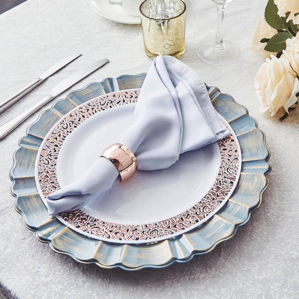 6-Pack Acrylic Plastic Round Charger Plates 13" in Dusty Blue with Gold Brushed Wavy Scalloped Rim, Decorative Dinner Party Charger Tableware