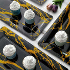 10-Pack Paper 16" Rectangle Serving Trays Black/Gold - Durable 1100GSM Disposable Food Platters with Modern Marble Design for Dessert Tables & Food Stations