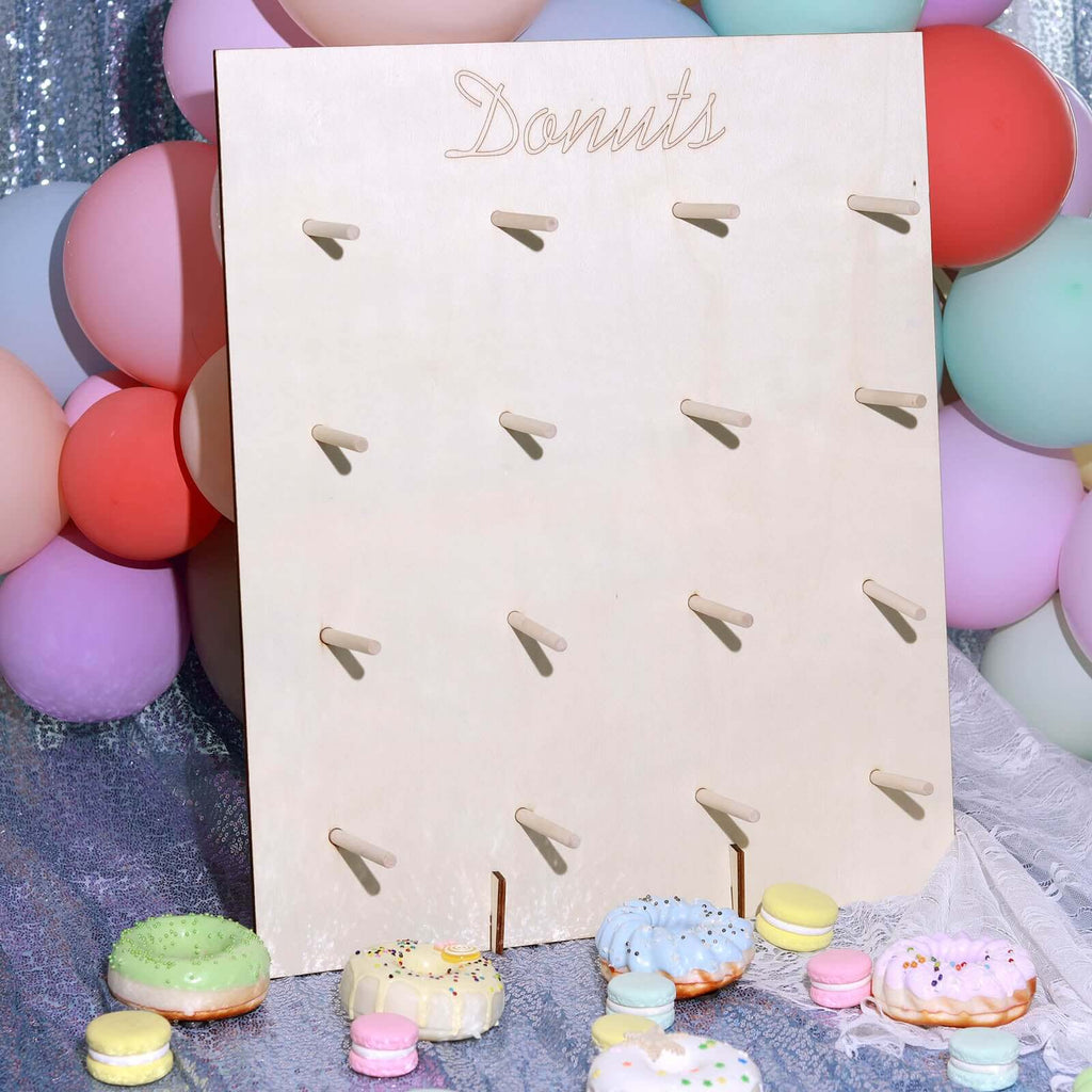 Natural Wood Rectangle Donut Wall Stand - Space Saving Detachable Rustic Chic Doughnut Pegboard Dessert Display Pretzel Bagel Holder 19"