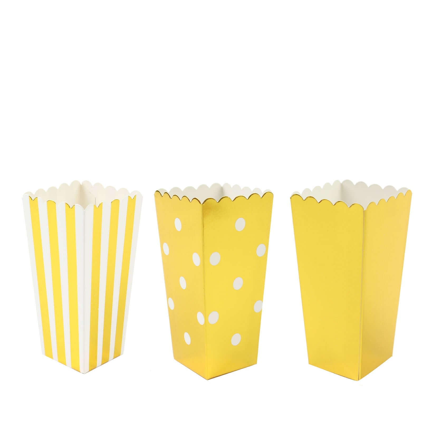 36 Pack 5" White Gold Design Mini Paper Popcorn Boxes, Candy Favor Disposable Bags - Stripe, Polka Dot, Solid Style