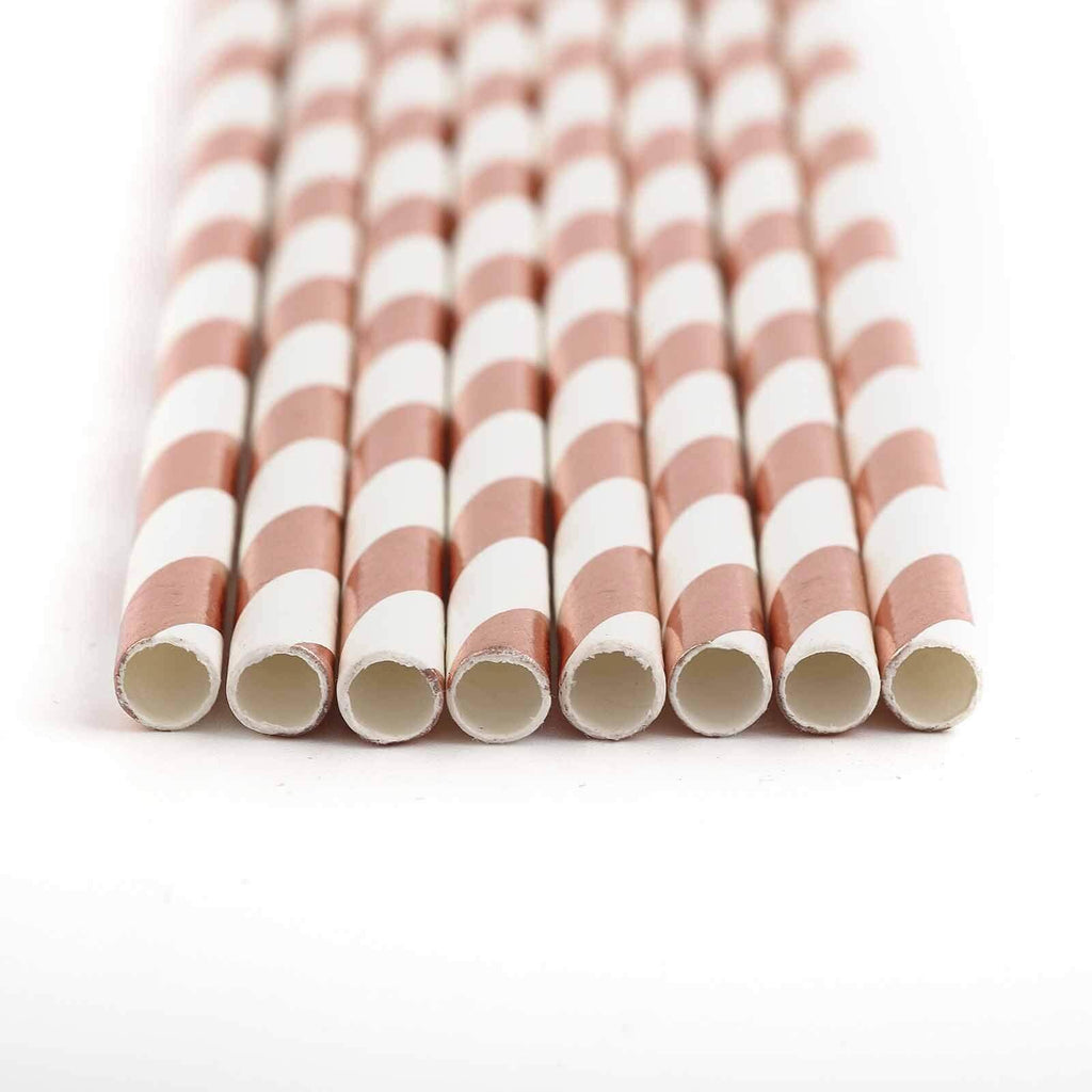 25-Pack Paper Straws White/Rose Gold Striped - Stylish Disposable Straws for Drinks 8"