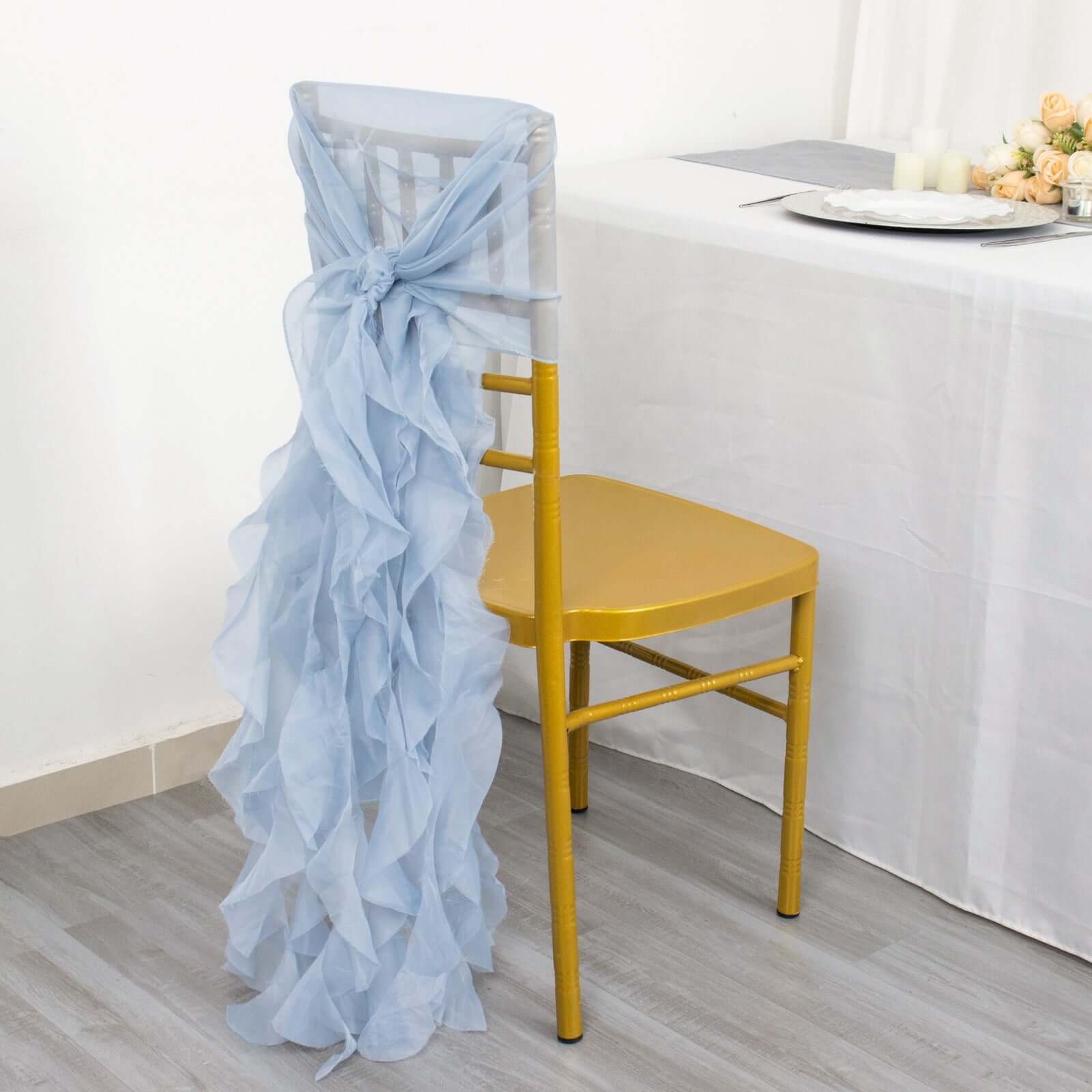 Chiffon Chair Sash with Curly Design Dusty Blue - Stylish Chair Decorations