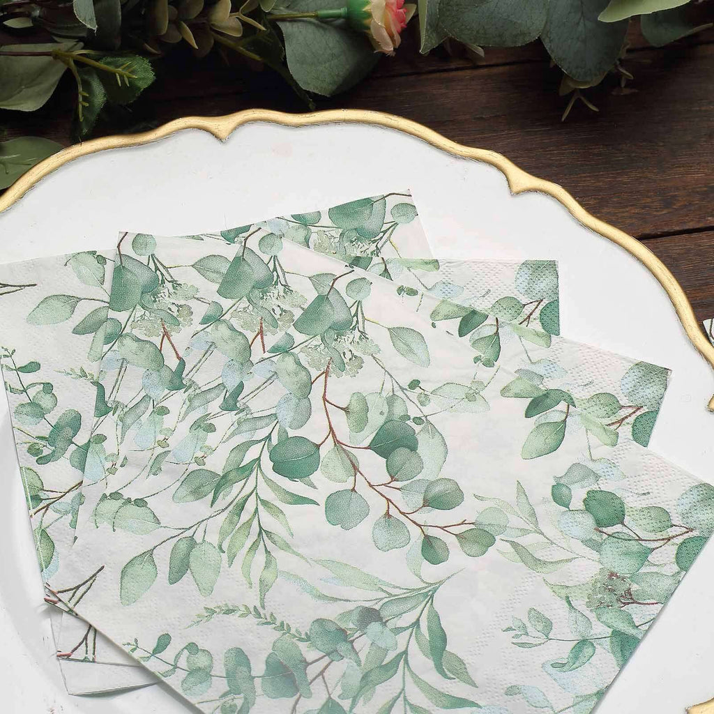 20-Pack Paper Beverage Napkins with Green Foliage Eucalyptus Leaves Design - 2 Ply Soft 18GSM Boho Wedding Napkins 6.5"x6.5"