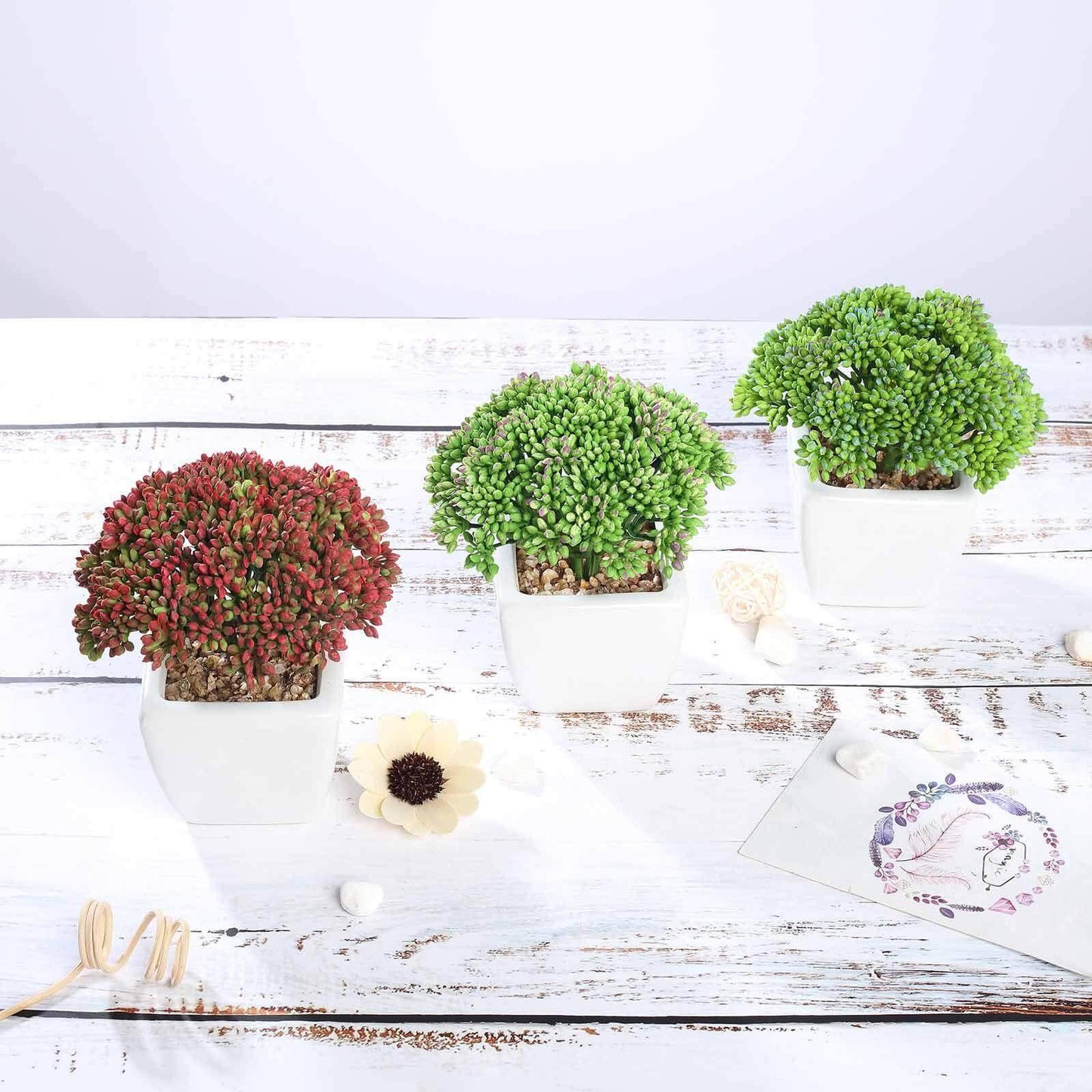 3-Pack Joy Sedum Artificial Succulents in Ceramic Pots - Lifelike Decorative Faux Plants for Home Office & Event Design 6"